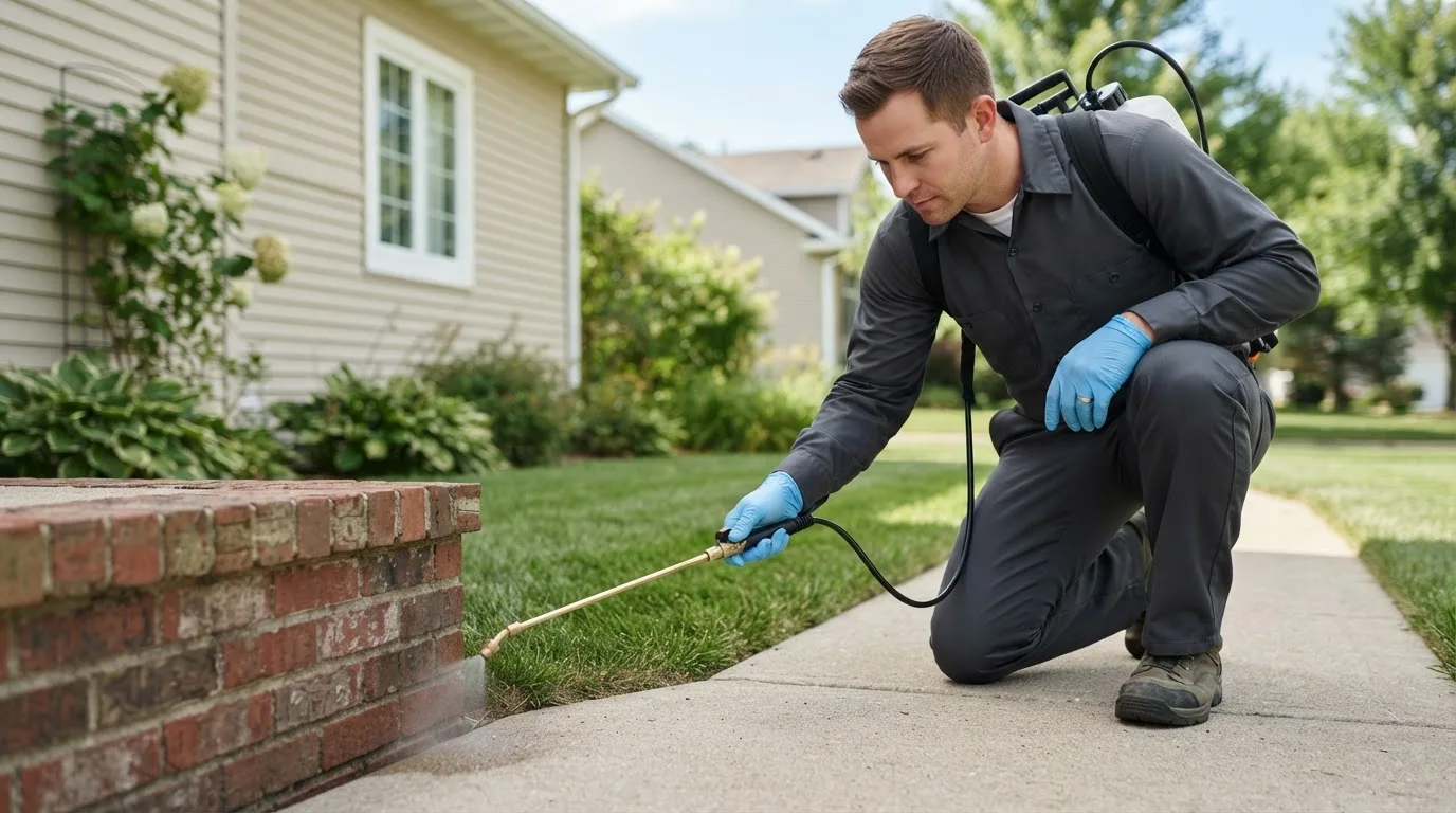 Pest control technician treating a home near Angora, NE