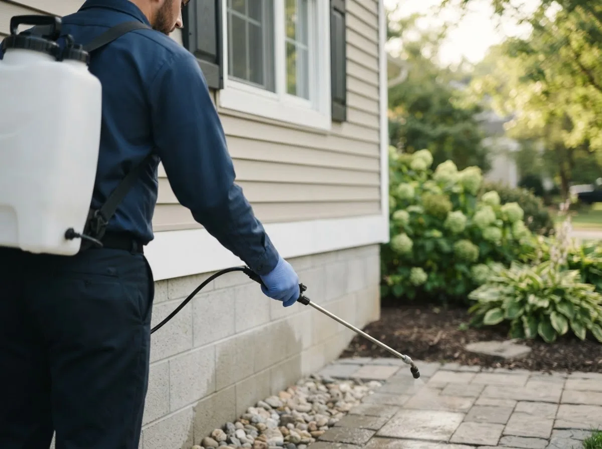 Pest control technician inspecting a home in Angora, NE